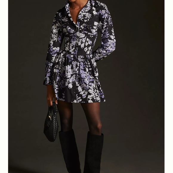 By Anthropologie Purple and Black Floral Corset Shirt Dress - Picture 2 of 10